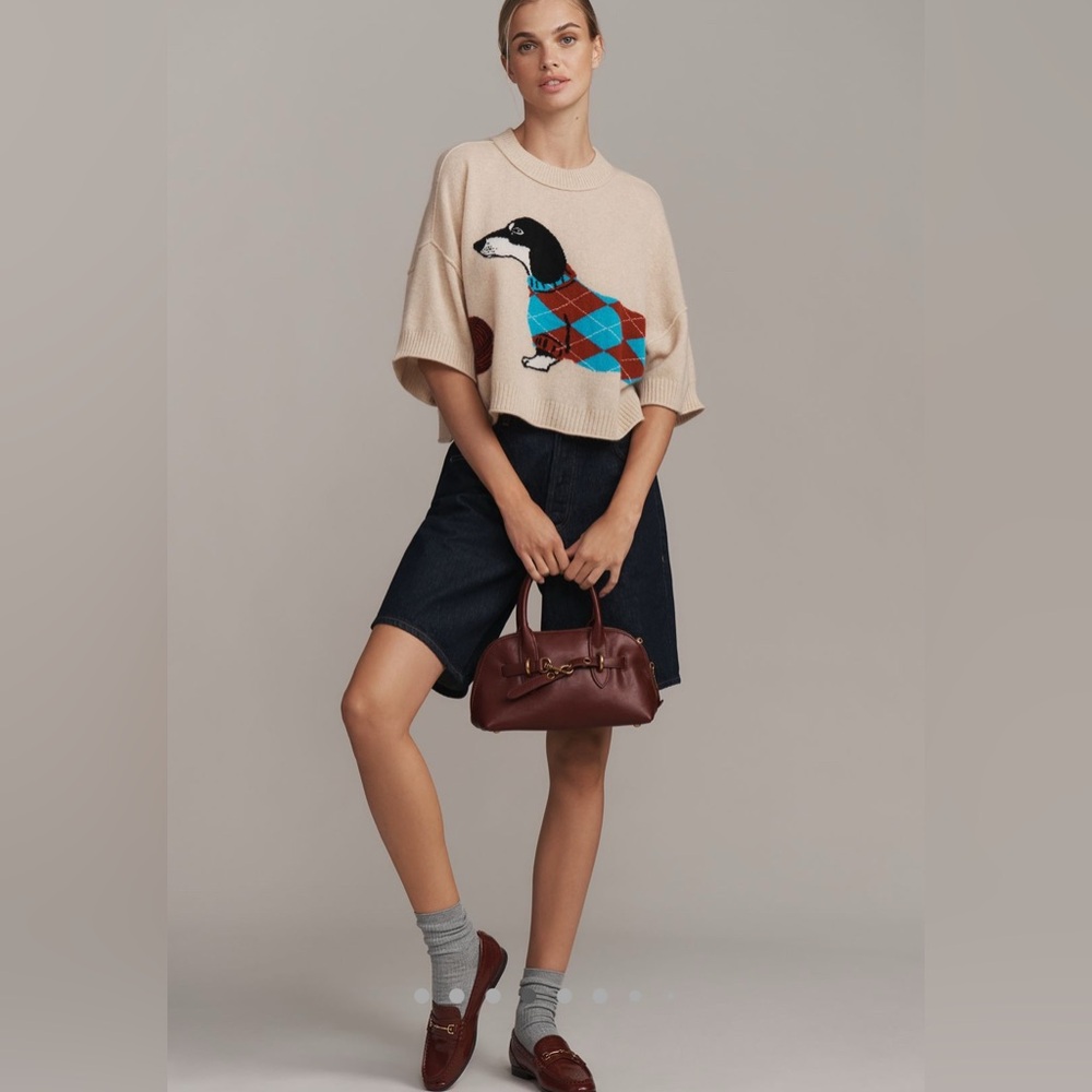 Anthropologie Cream Crewneck Sweater with Argyle Dachshund Motif Size XL